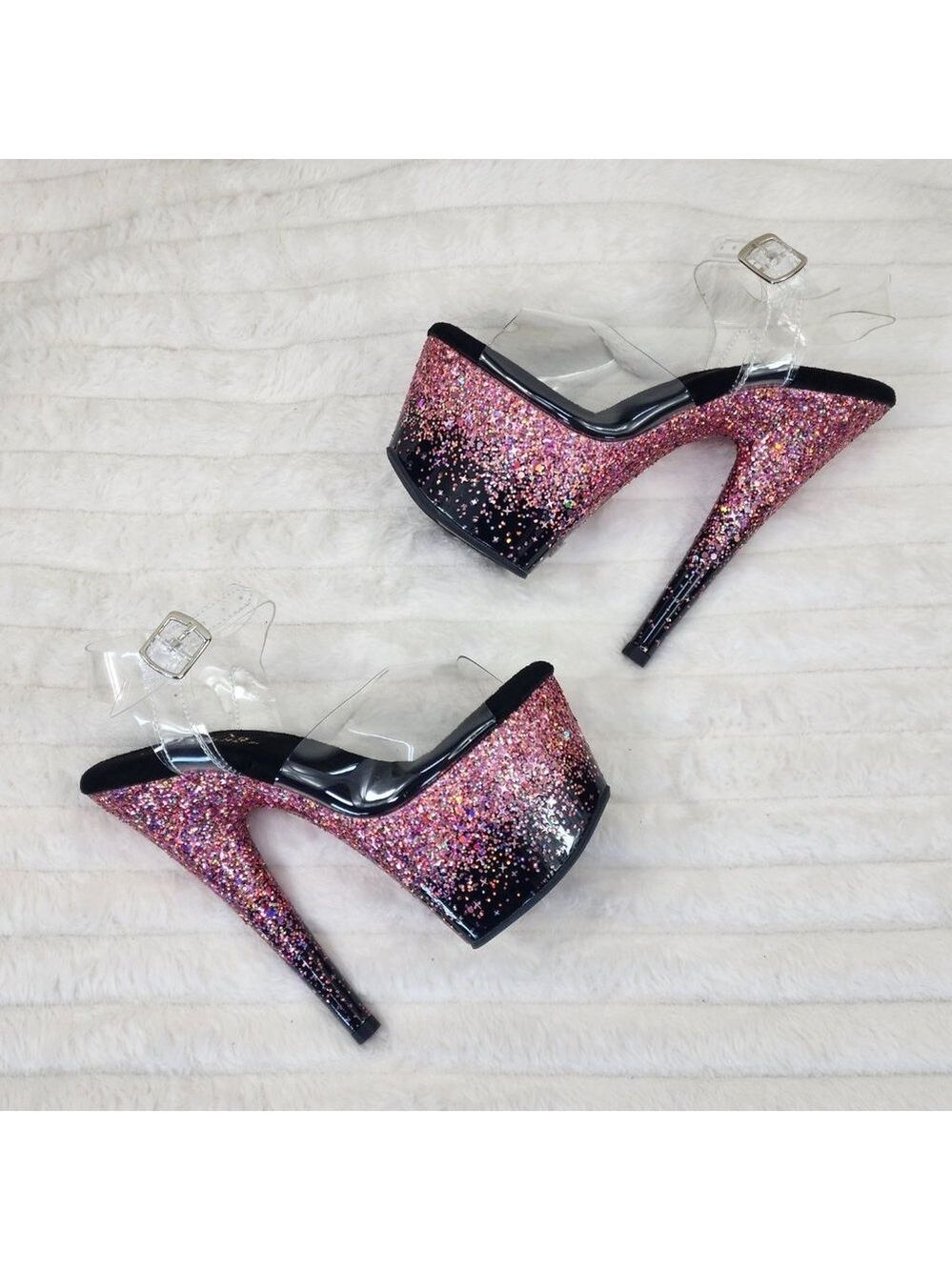 Adore 708SS Pink Hologram Glitter Ombre Platform Ankle Strap Platform 7" Heels - Picture 1 of 12